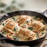 Creamy tuscan keto chicken skillet with garlic parmesan sauce, spinach, and sun-dried tomatoes in a cast iron pan