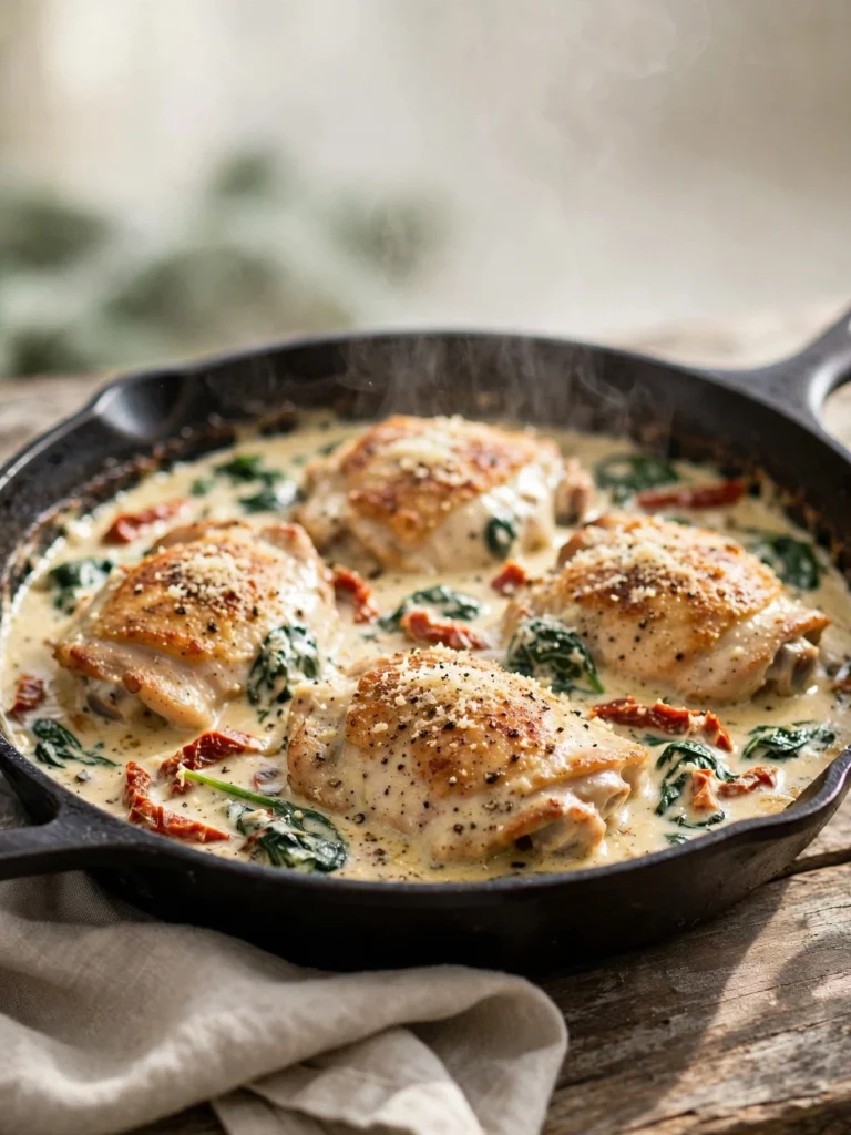 Creamy tuscan keto chicken skillet with garlic parmesan sauce, spinach, and sun-dried tomatoes in a cast iron pan