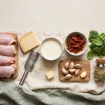 Raw ingredients for creamy tuscan keto chicken skillet: chicken thighs, cream, parmesan, garlic, spinach, and sun-dried tomatoes