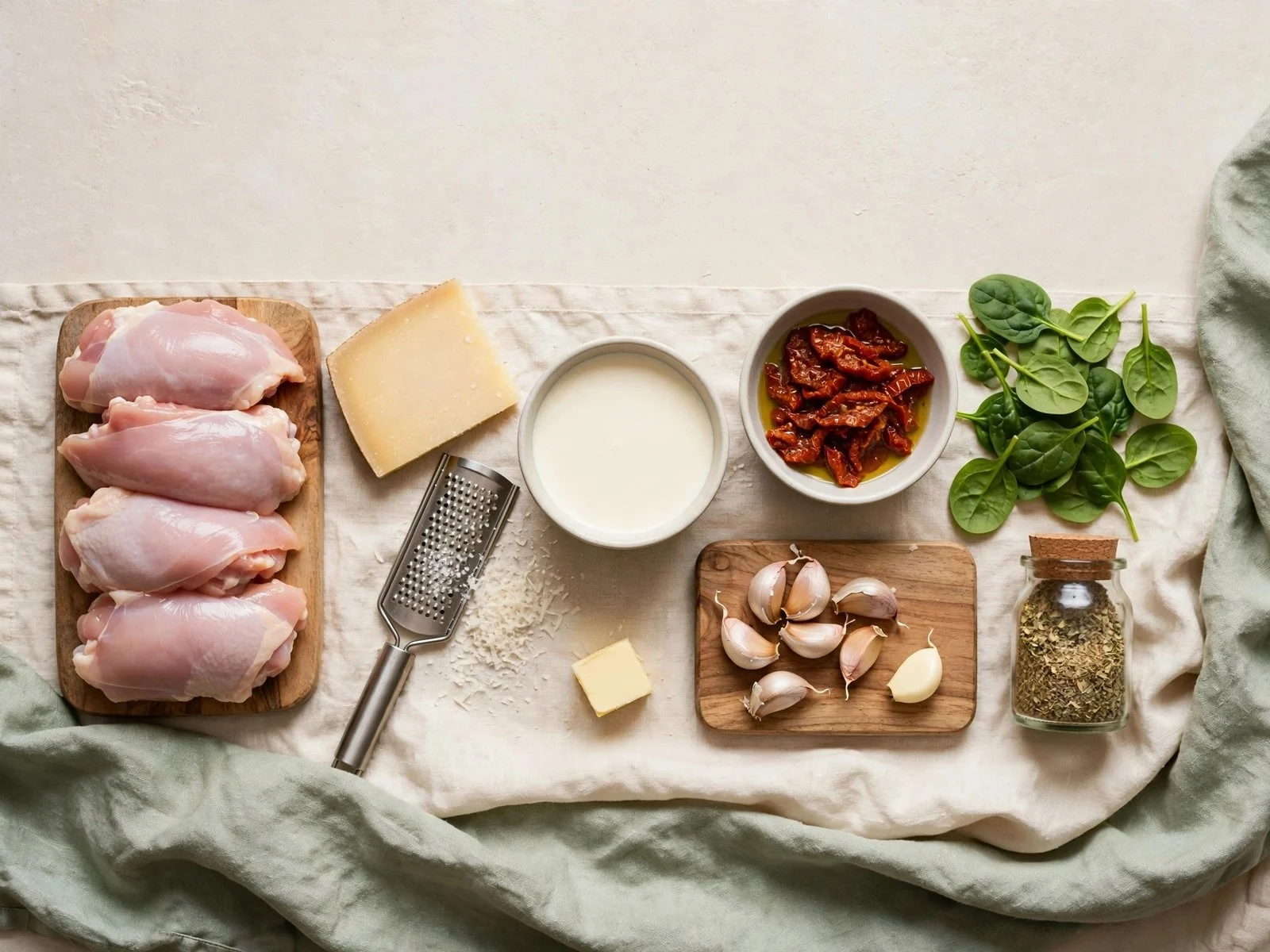 Raw ingredients for creamy tuscan keto chicken skillet: chicken thighs, cream, parmesan, garlic, spinach, and sun-dried tomatoes