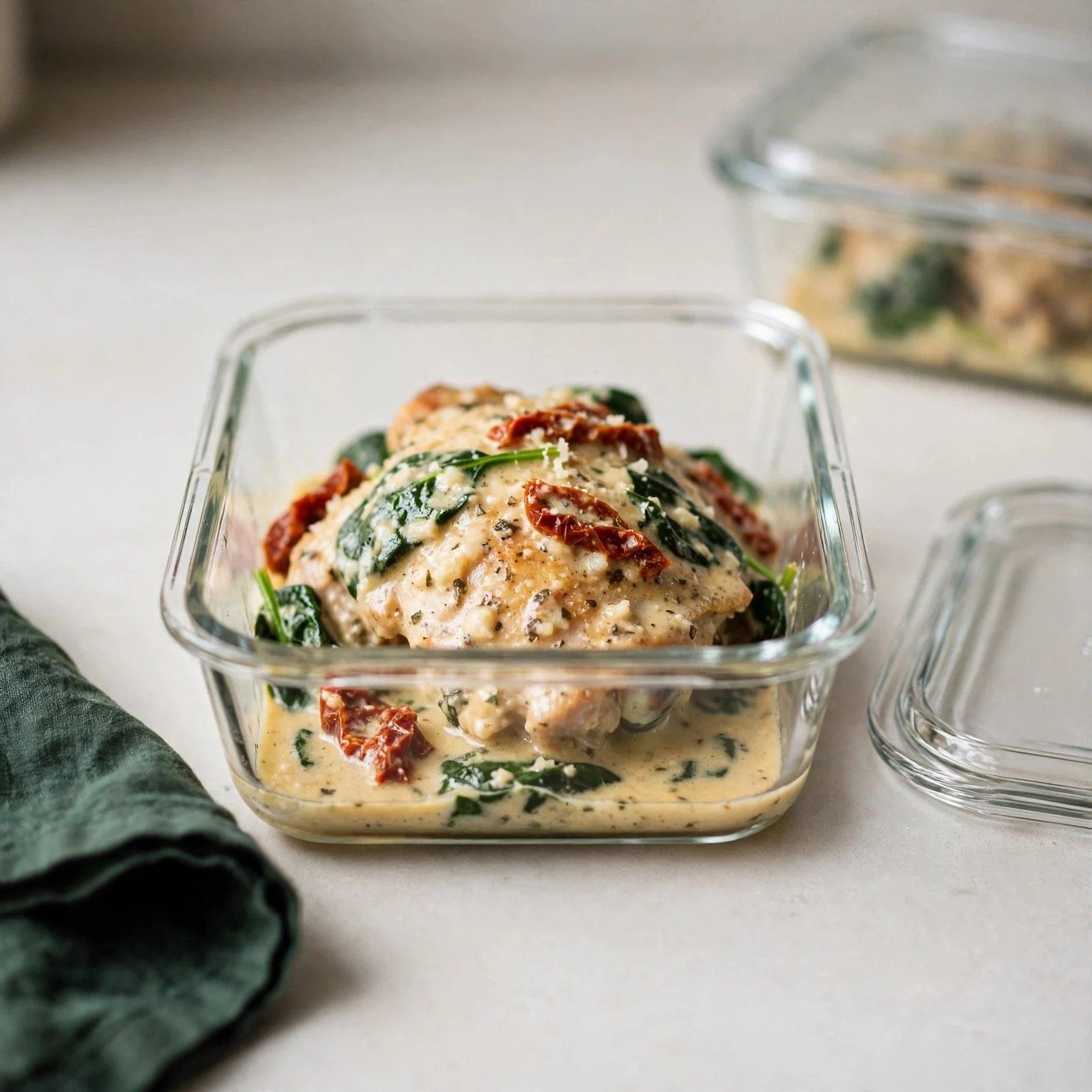 Creamy tuscan keto chicken skillet portioned into a glass meal-prep container with sauce spooned over the top