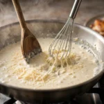 Parmesan being whisked into a simmering garlic cream sauce for creamy tuscan keto chicken skillet in a skillet