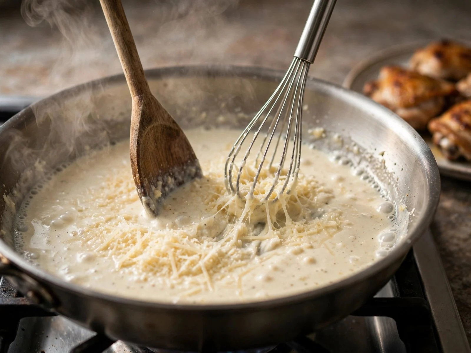 Parmesan being whisked into a simmering garlic cream sauce for creamy tuscan keto chicken skillet in a skillet