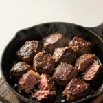 Crispy beef navel bites seared in a cast iron skillet with a deep brown crust