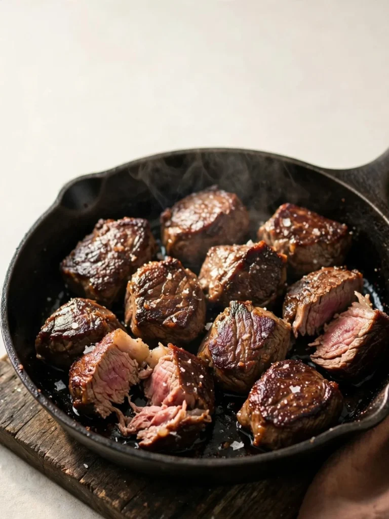 Crispy beef navel bites seared in a cast iron skillet with a deep brown crust