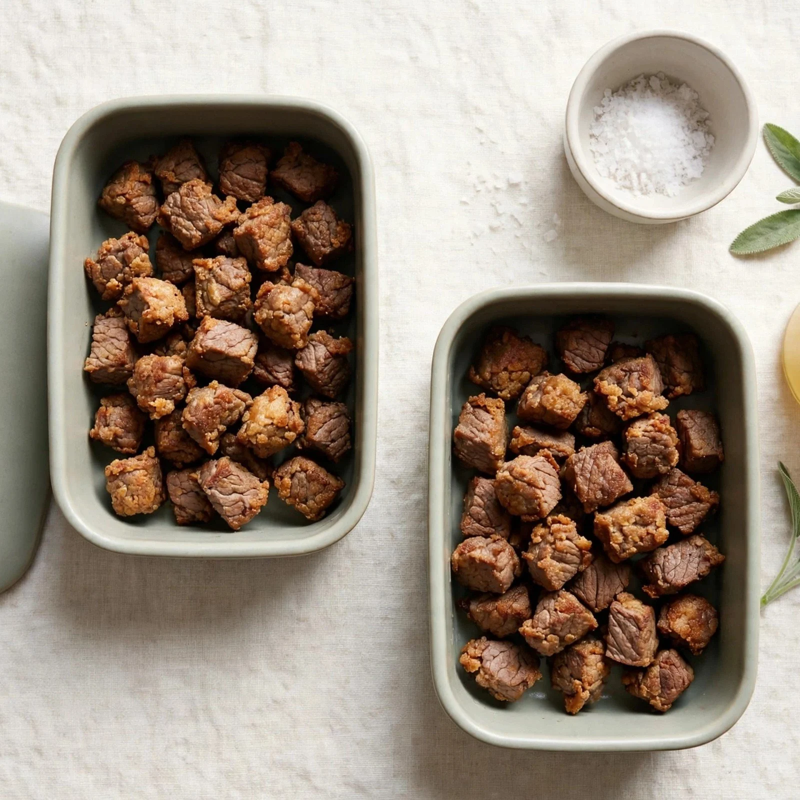 Crispy beef navel bites portioned into glass meal-prep containers