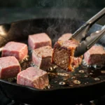 Tongs searing beef navel cubes in a cast iron skillet until deep brown