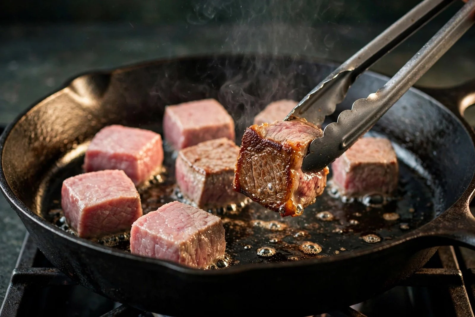 Tongs searing beef navel cubes in a cast iron skillet until deep brown