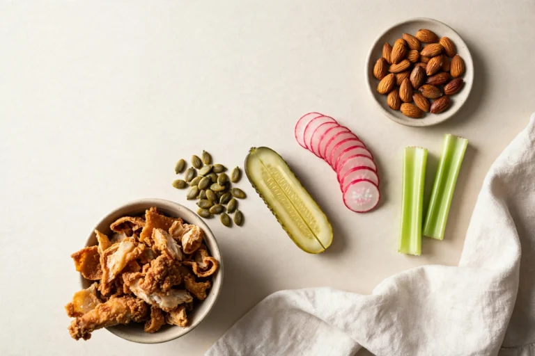 Crunchy but no carbs snacks: chicken cracklings, pumpkin seeds, radishes, and almonds