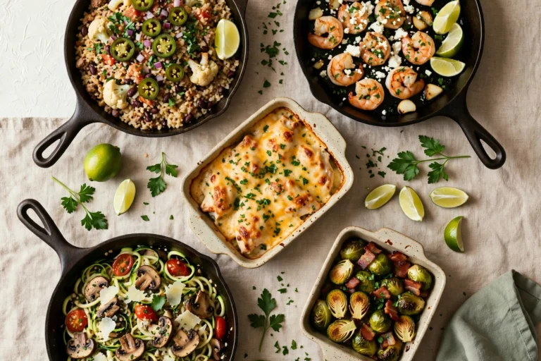 Quick keto dinners for busy families arranged in skillets and casserole dishes overhead