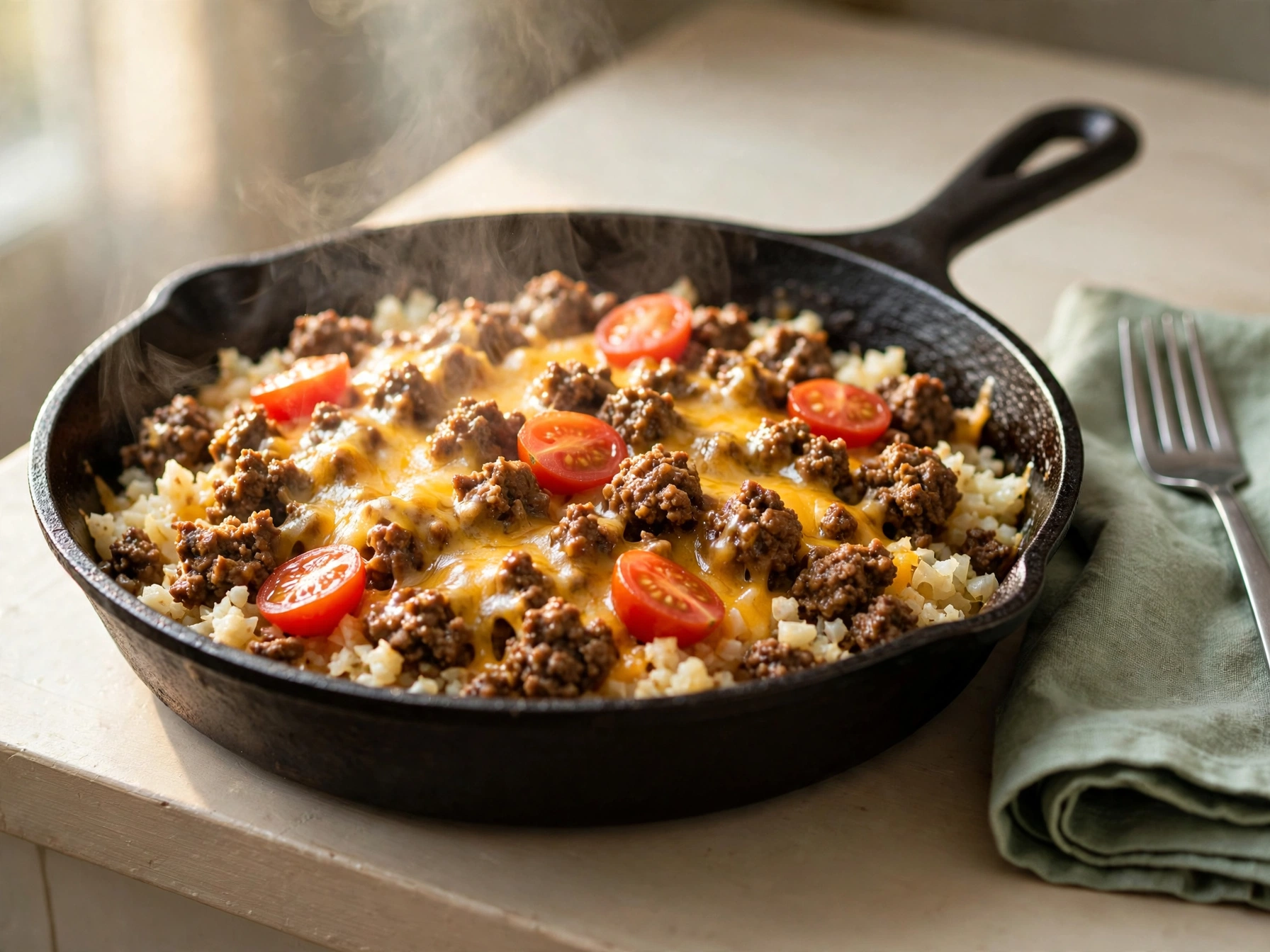 Keto taco skillet with cauliflower rice and melted cheddar in a cast-iron pan