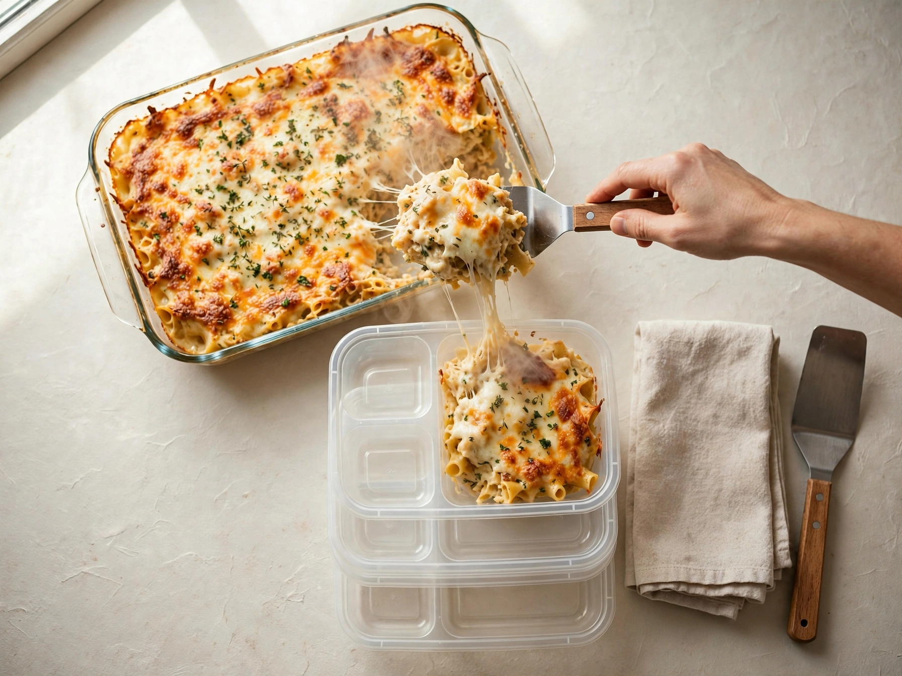 Cheesy keto casserole portioned into meal-prep containers for freezer storage