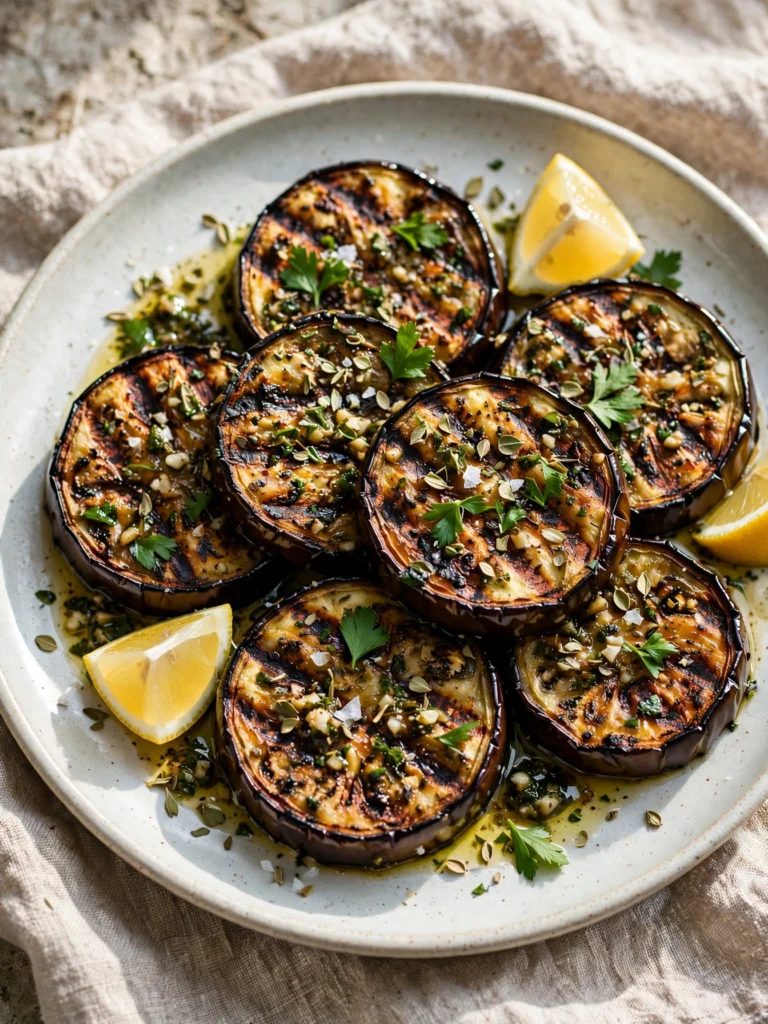 Grilled eggplant with garlic herb marinade on a platter