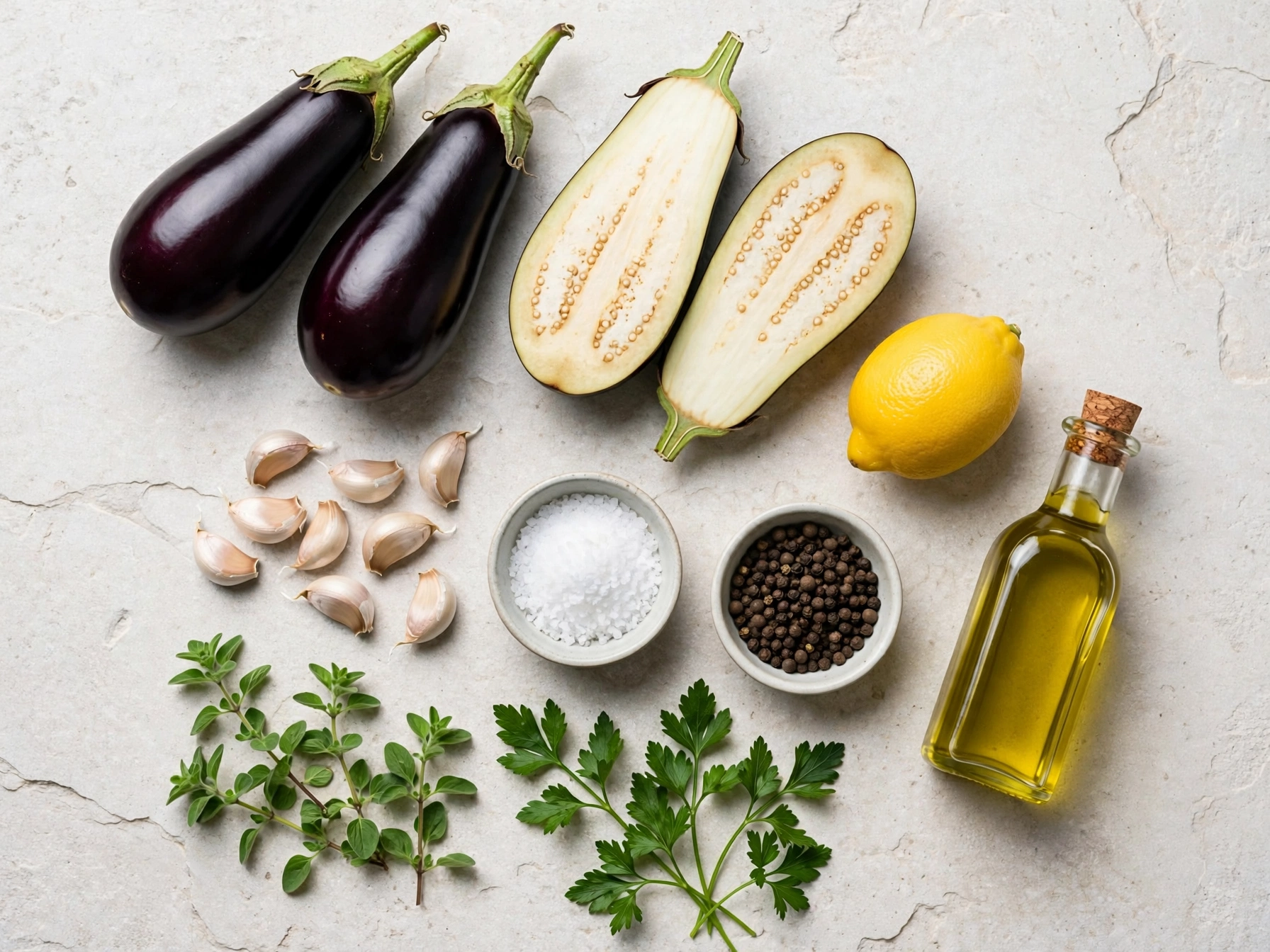 Raw ingredients for garlic herb grilled eggplant