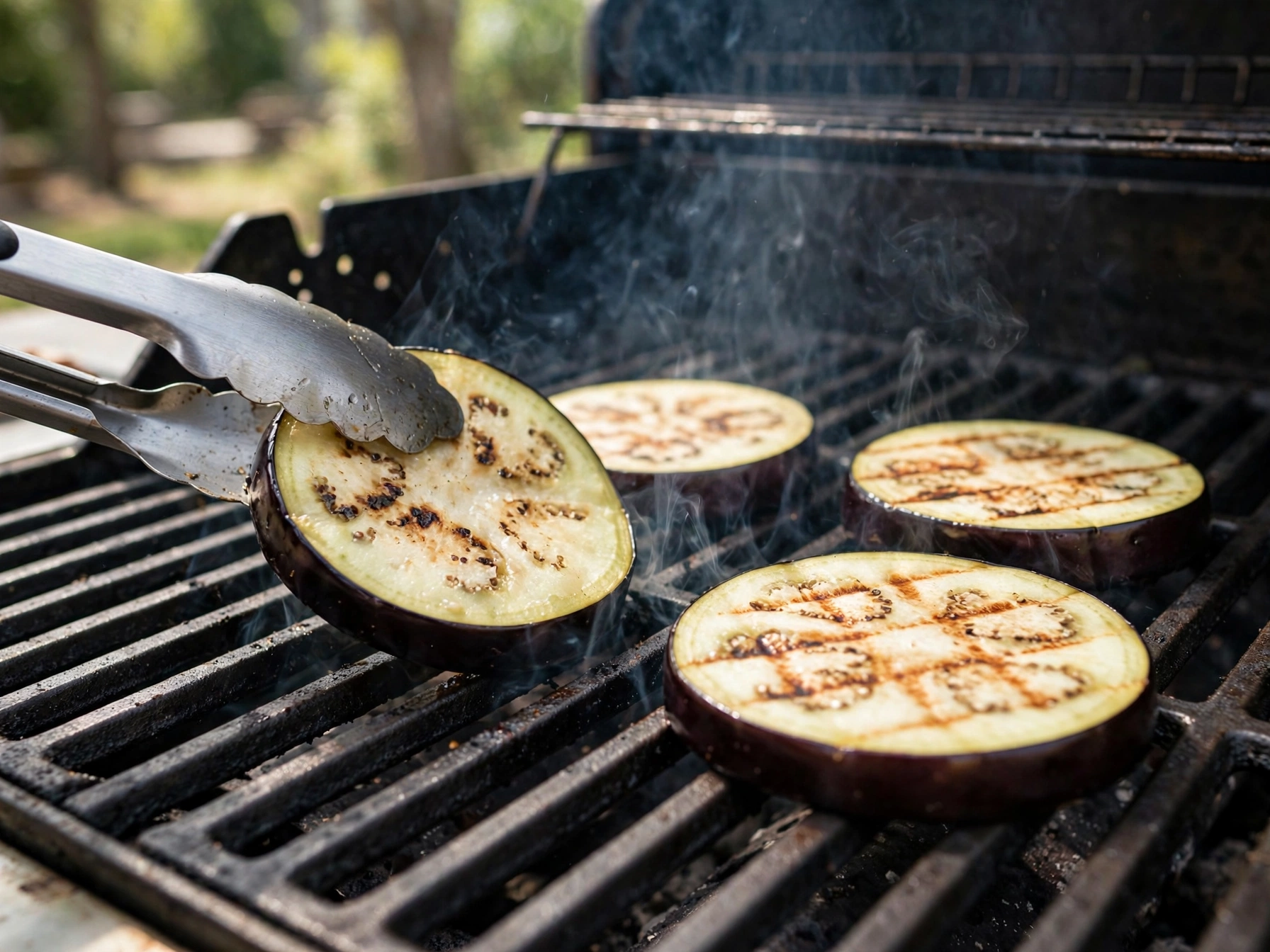 Eggplant rounds grilling over heat