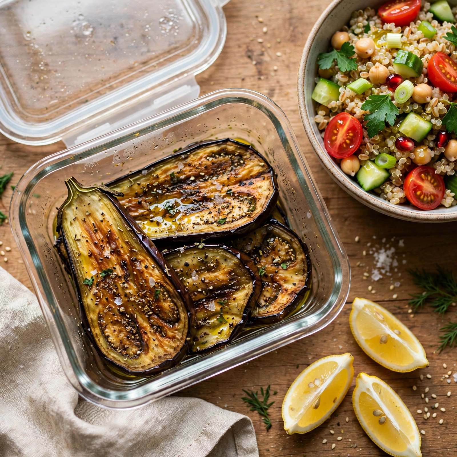 Chilled garlic herb eggplant for meal prep