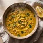 Bowl of gut healing moong dal soup drizzled with olive oil