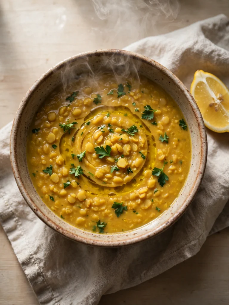 Bowl of gut healing moong dal soup drizzled with olive oil