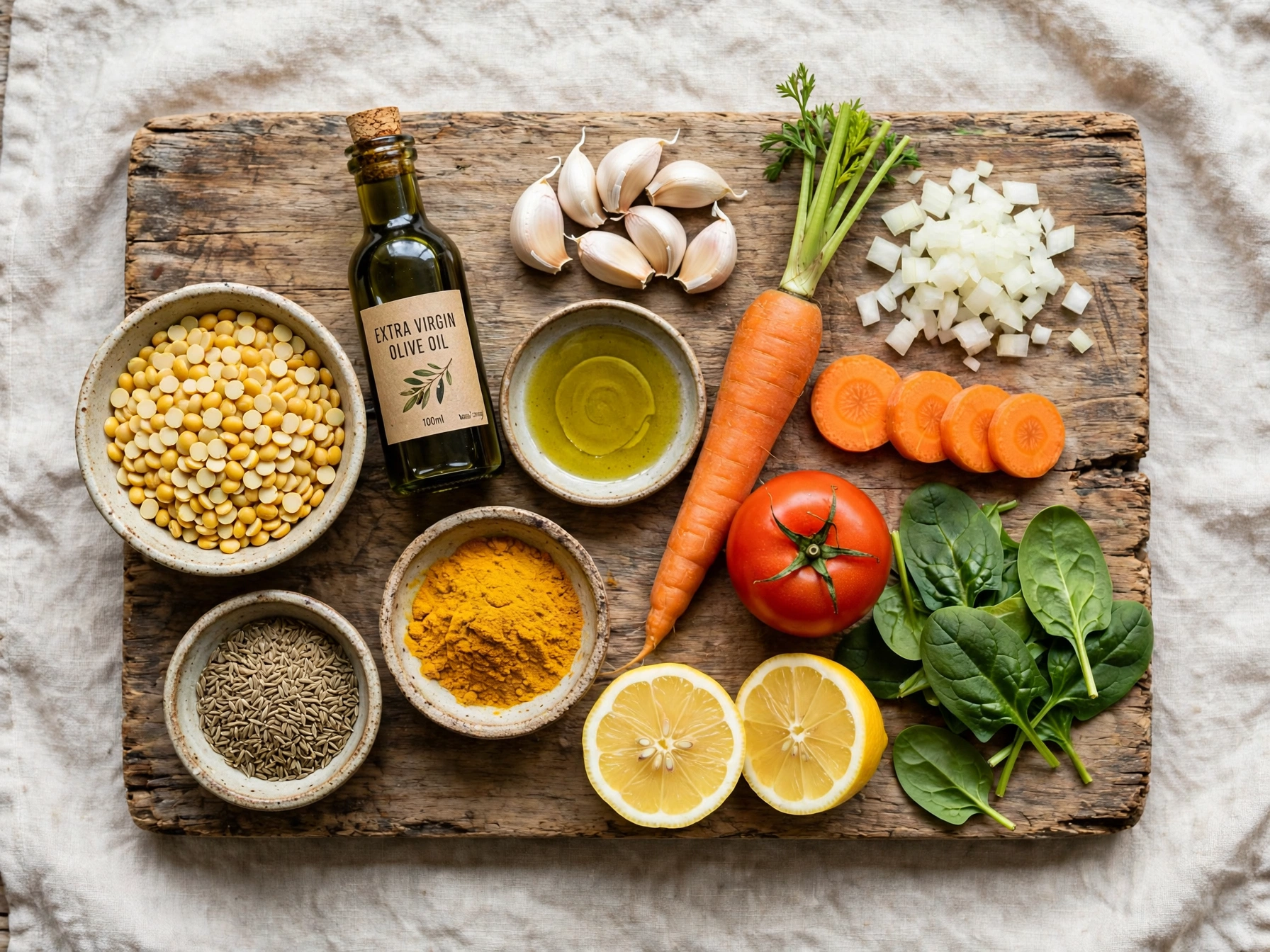 Raw ingredients for gut healing moong dal soup laid out on a wooden board