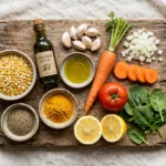 Raw ingredients for gut healing moong dal soup laid out on a wooden board