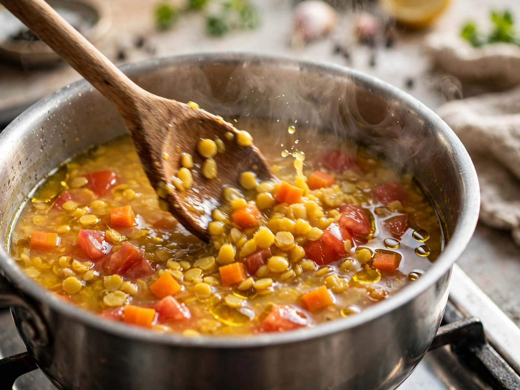 Wooden spoon stirring simmering moong dal soup in a pot