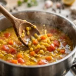 Wooden spoon stirring simmering moong dal soup in a pot