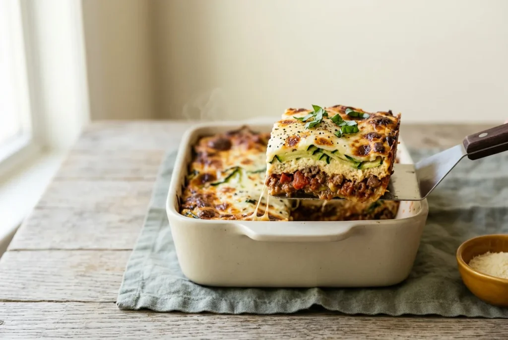 A square slice of keto lasagna lifted from the pan, showing roasted zucchini layers and browned mozzarella