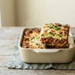 A square slice of keto lasagna lifted from the pan, showing roasted zucchini layers and browned mozzarella