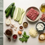Overhead flat-lay of keto lasagna ingredients: sliced zucchini, ground beef, sausage, ricotta and mozzarella