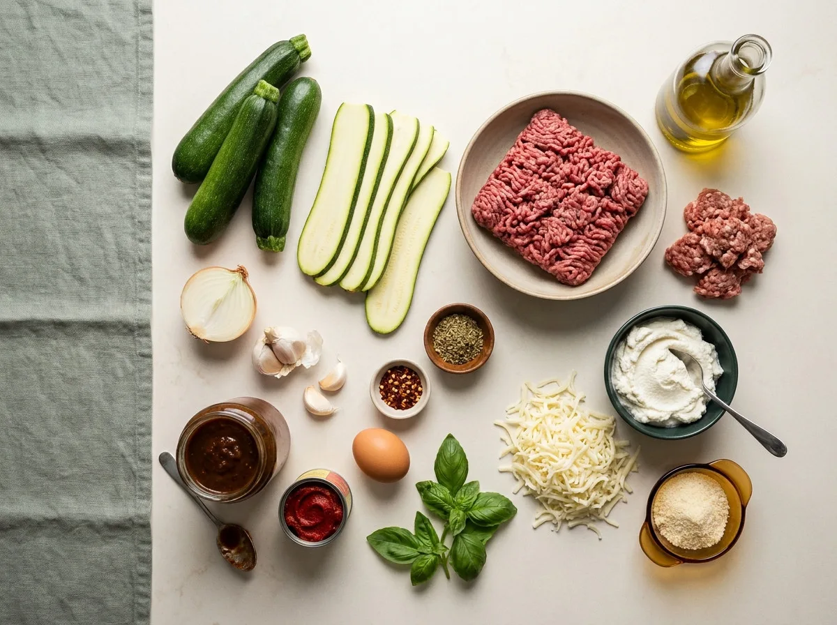 Overhead flat-lay of keto lasagna ingredients: sliced zucchini, ground beef, sausage, ricotta and mozzarella