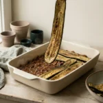 Roasted zucchini planks being laid over meat sauce in a baking dish while assembling keto lasagna