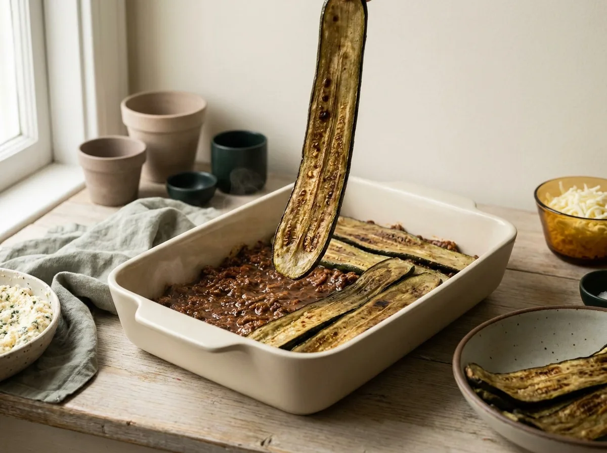 Roasted zucchini planks being laid over meat sauce in a baking dish while assembling keto lasagna