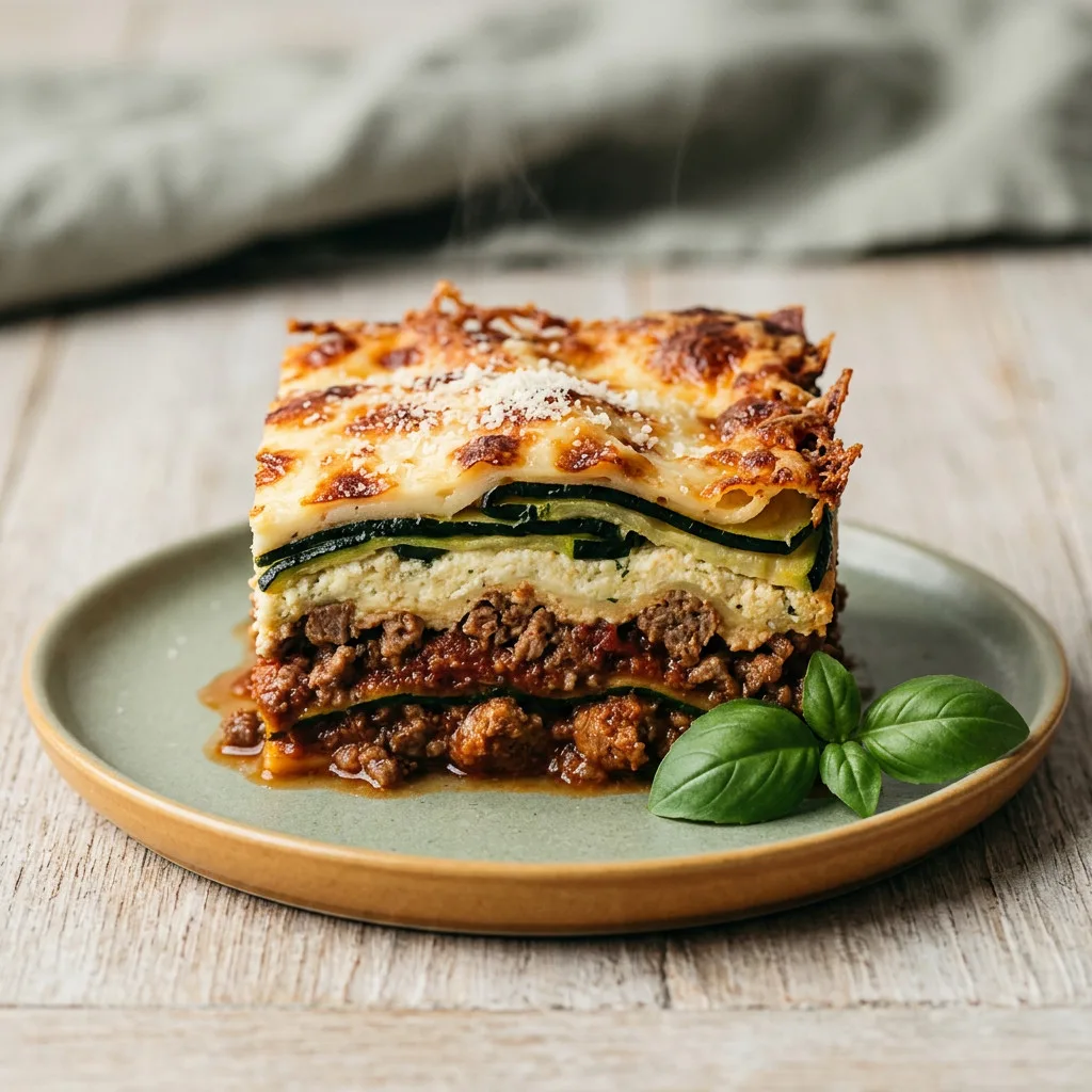 Close-up of a keto lasagna square on a sage plate, showing meat sauce, ricotta and zucchini layers
