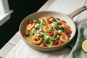 Keto Mediterranean shrimp zoodles in a skillet with cherry tomatoes, olives, feta and lemon
