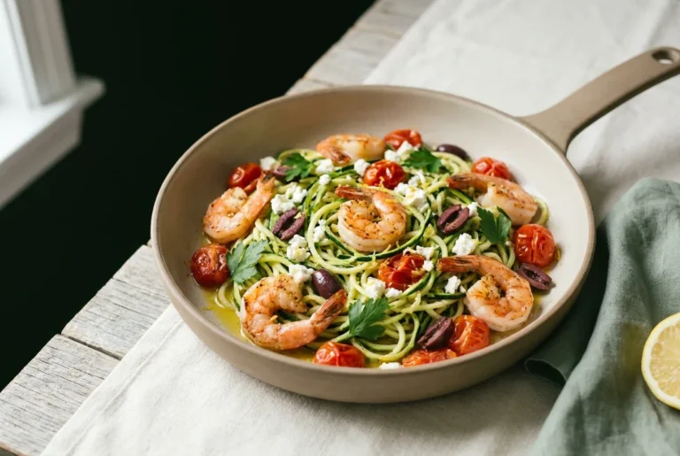 Keto Mediterranean Shrimp Zoodles with Feta and Olives