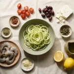Spiralized zucchini, raw shrimp, cherry tomatoes, olives, feta, capers and lemon laid out overhead