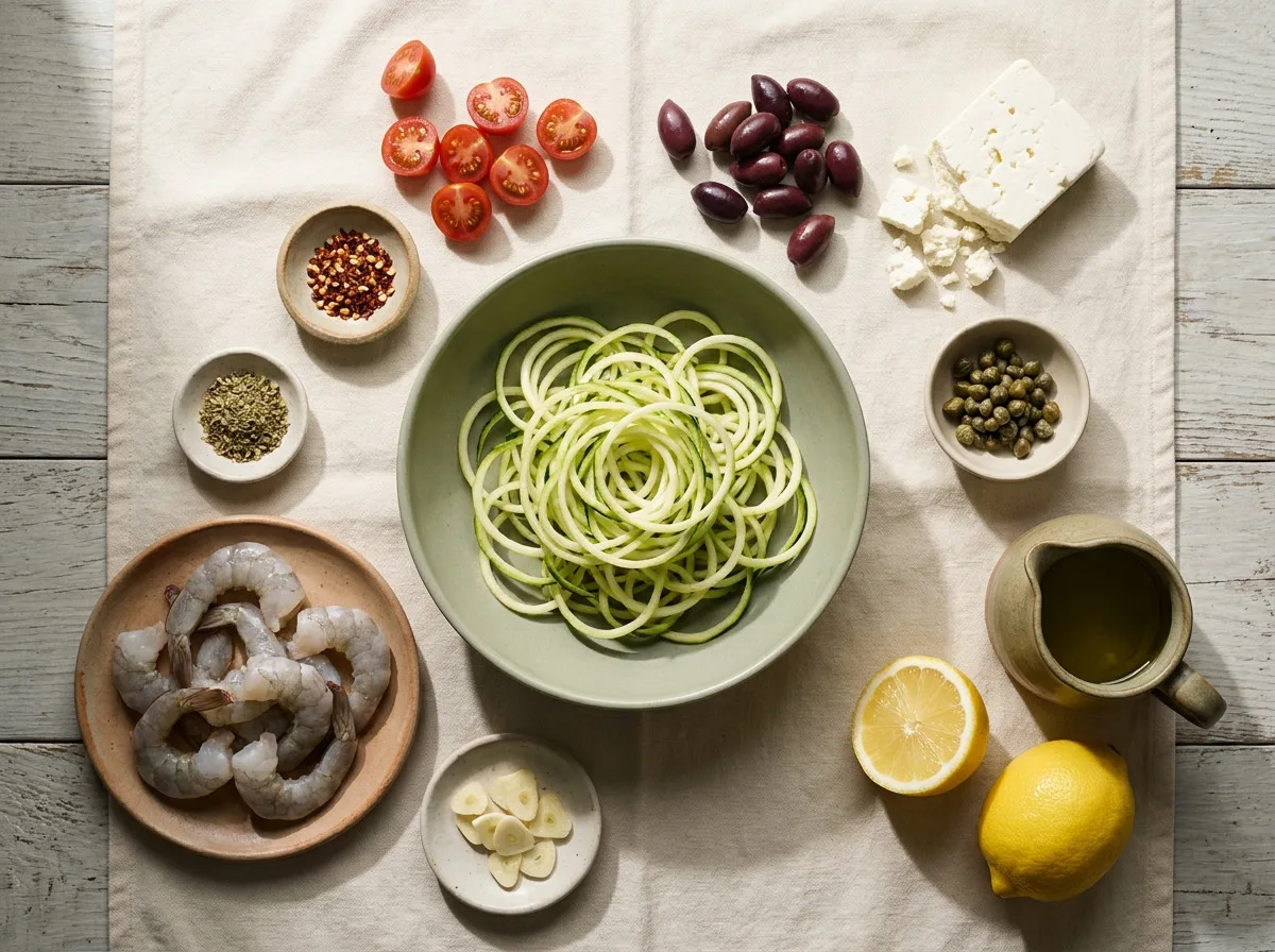 Spiralized zucchini, raw shrimp, cherry tomatoes, olives, feta, capers and lemon laid out overhead