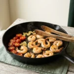 Shrimp searing beside blistering cherry tomatoes and sliced garlic for keto Mediterranean shrimp zoodles