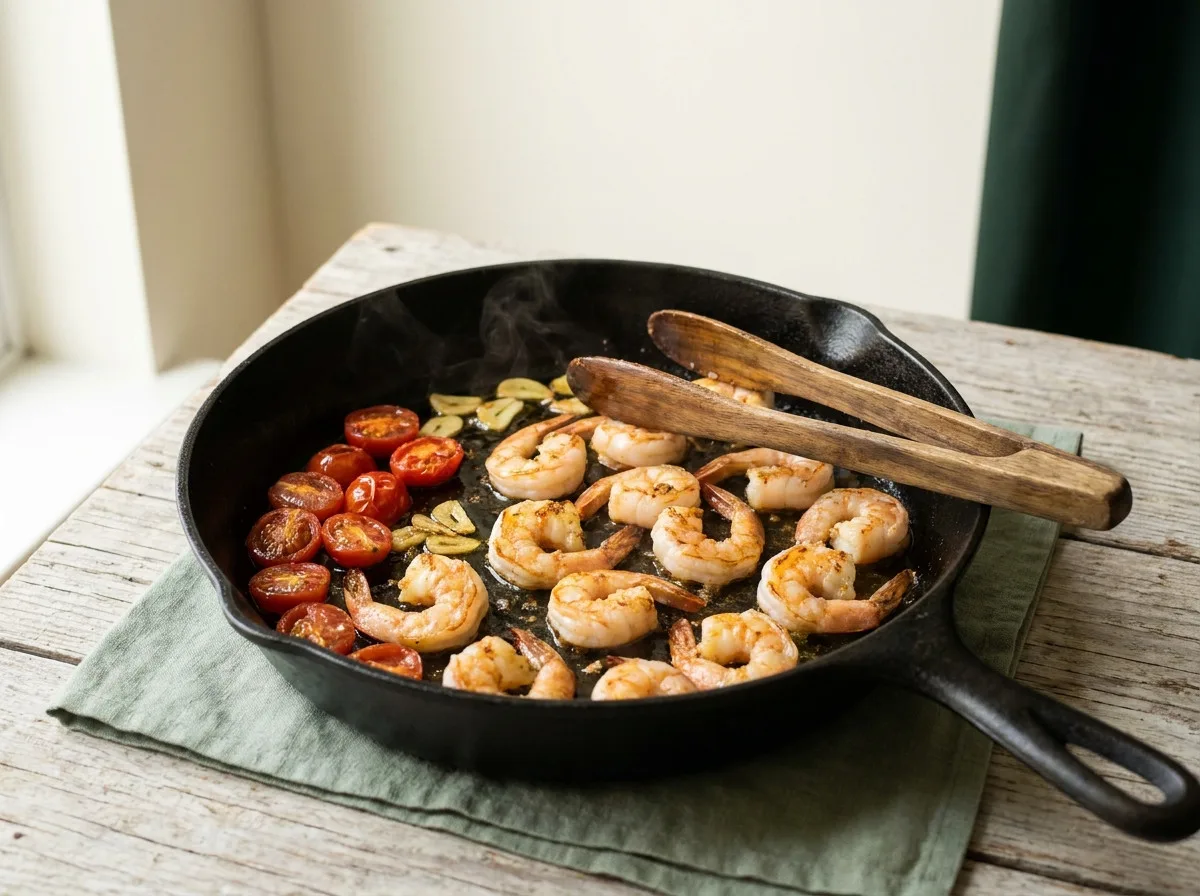 Shrimp searing beside blistering cherry tomatoes and sliced garlic for keto Mediterranean shrimp zoodles