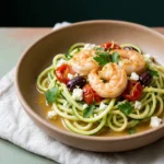Close-up bowl of shrimp and zucchini noodles with feta crumbles, parsley and lemon zest