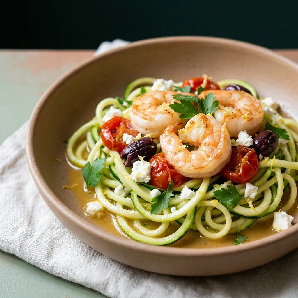 Close-up bowl of shrimp and zucchini noodles with feta crumbles, parsley and lemon zest