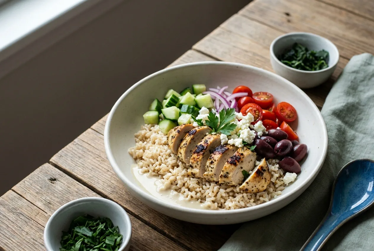 Mediterranean Brown Rice Bowl with Lemon Chicken