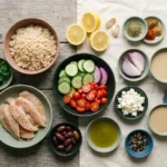 Mediterranean brown rice bowl ingredients arranged for cooking