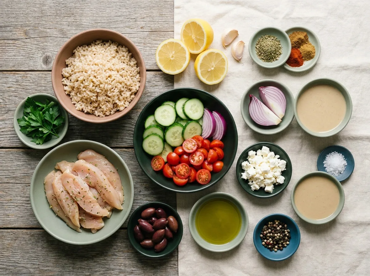Mediterranean brown rice bowl ingredients arranged for cooking