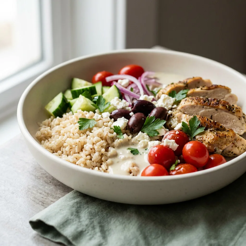 Mediterranean brown rice bowl plated with chicken and tahini