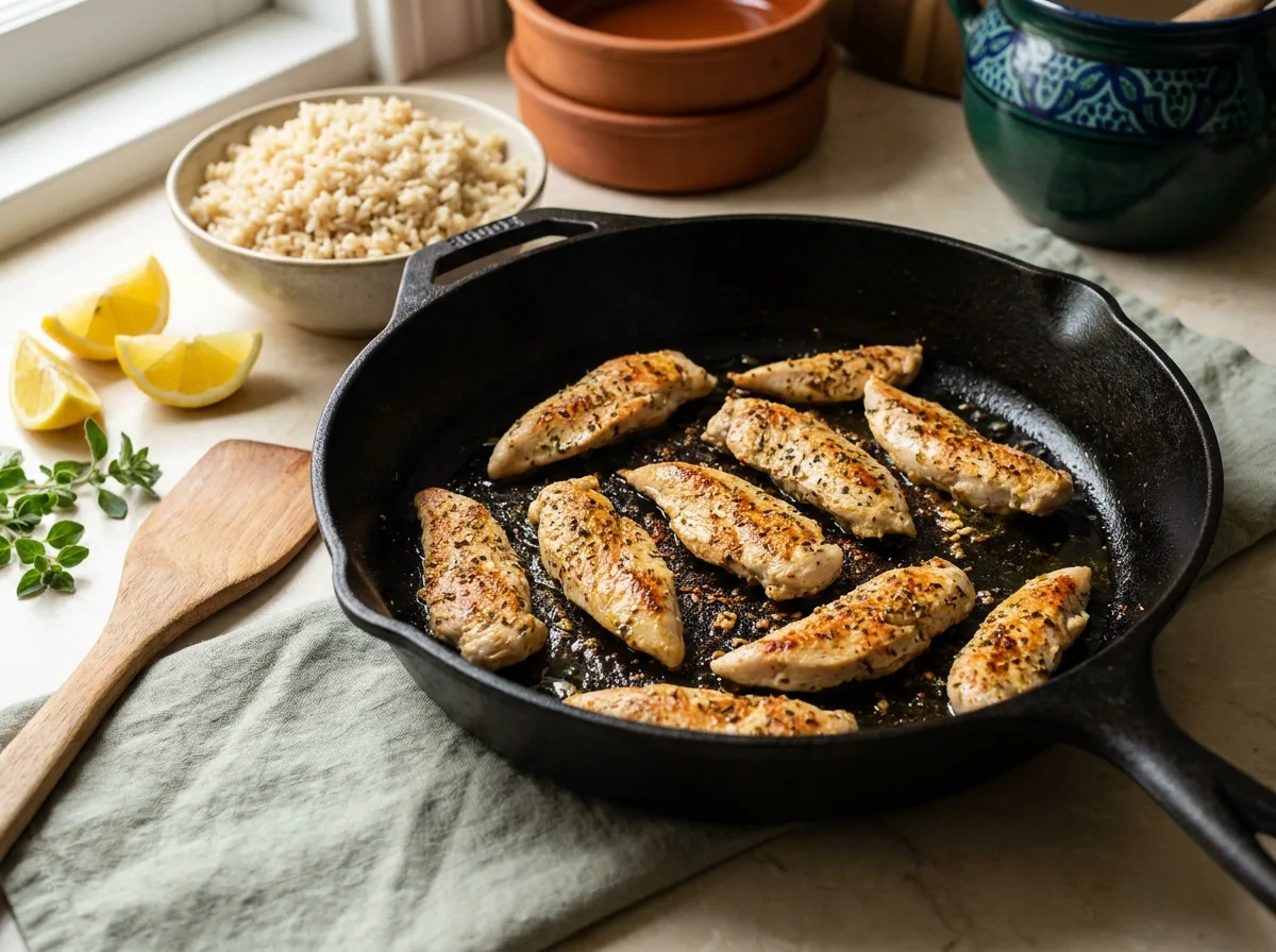 Mediterranean brown rice bowl chicken searing in a skillet