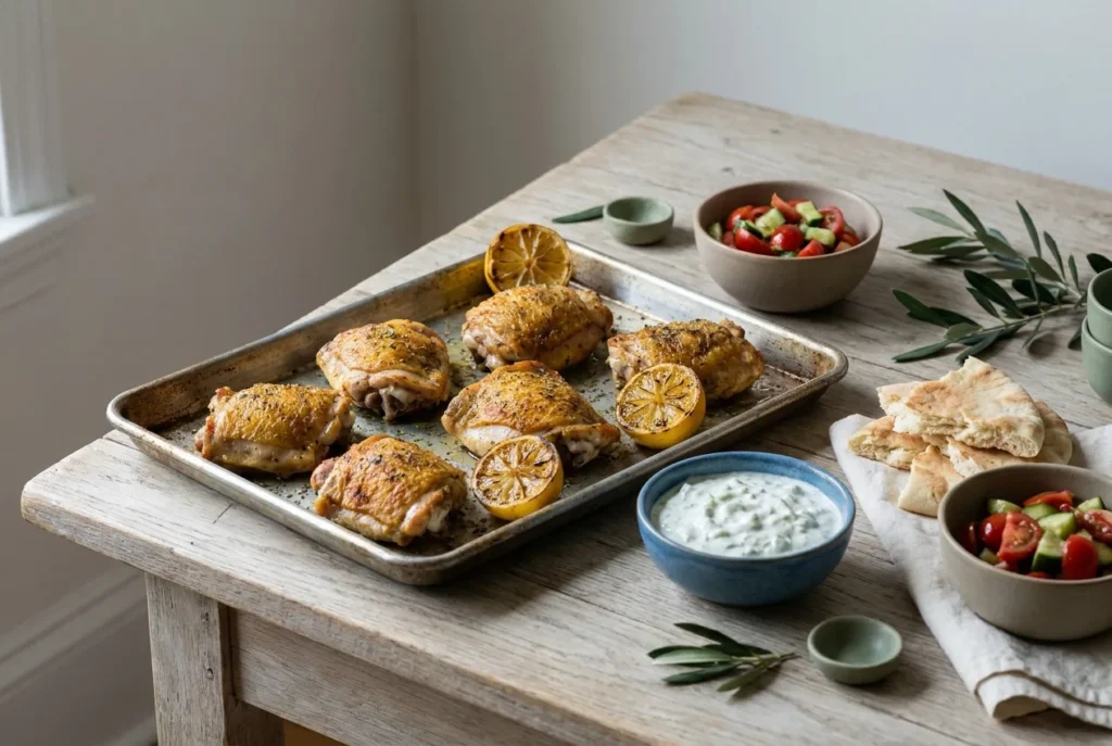 What to serve with Greek chicken: a sheet pan of lemon oregano chicken surrounded by bowls of tzatziki, tomato salad and warm pita
