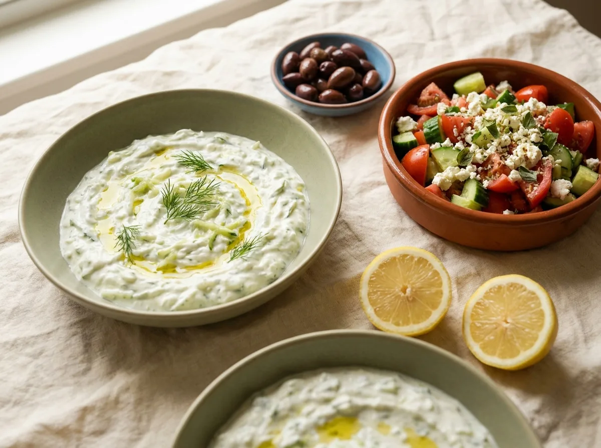 Overhead bowls of tzatziki, tomato and cucumber salad, olives and cut lemons on linen