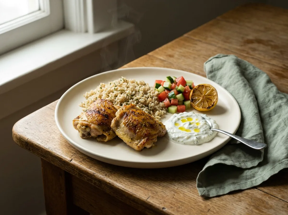A dinner plate of Greek chicken with lemony brown rice, tzatziki and tomato cucumber salad