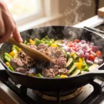 Keto Mediterranean ground beef skillet cooking with beef and vegetables in a hot pan